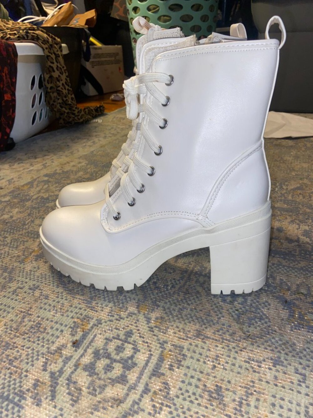 Lulus Raina white lace-up booties with thick lugged outsoles and block heels